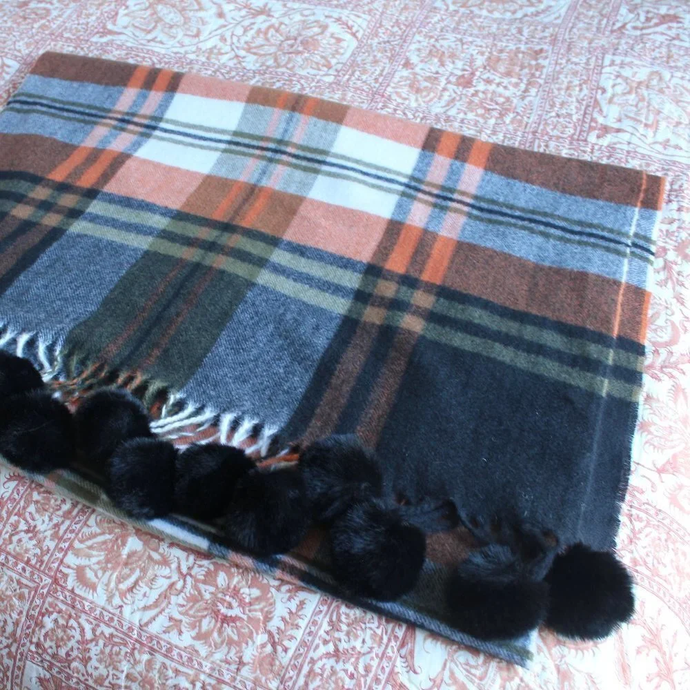 Super Soft G Brand Acrylic Pom Pom Plaid Scarf Blanket Blue Orange Green White